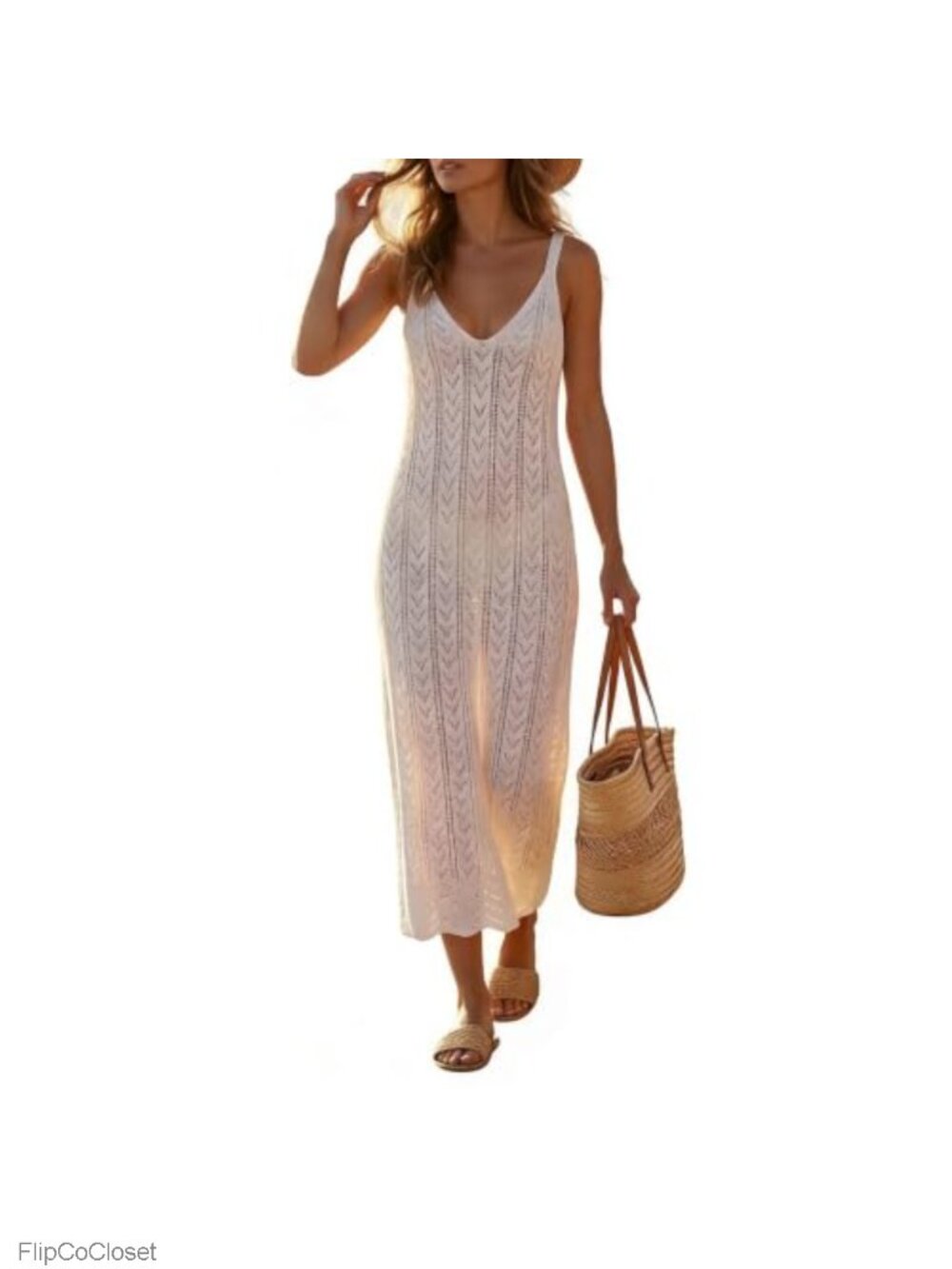 Women's Crochet Knit Swimsuit Coverup Sleeveless V-Neck Midi Beach Dress